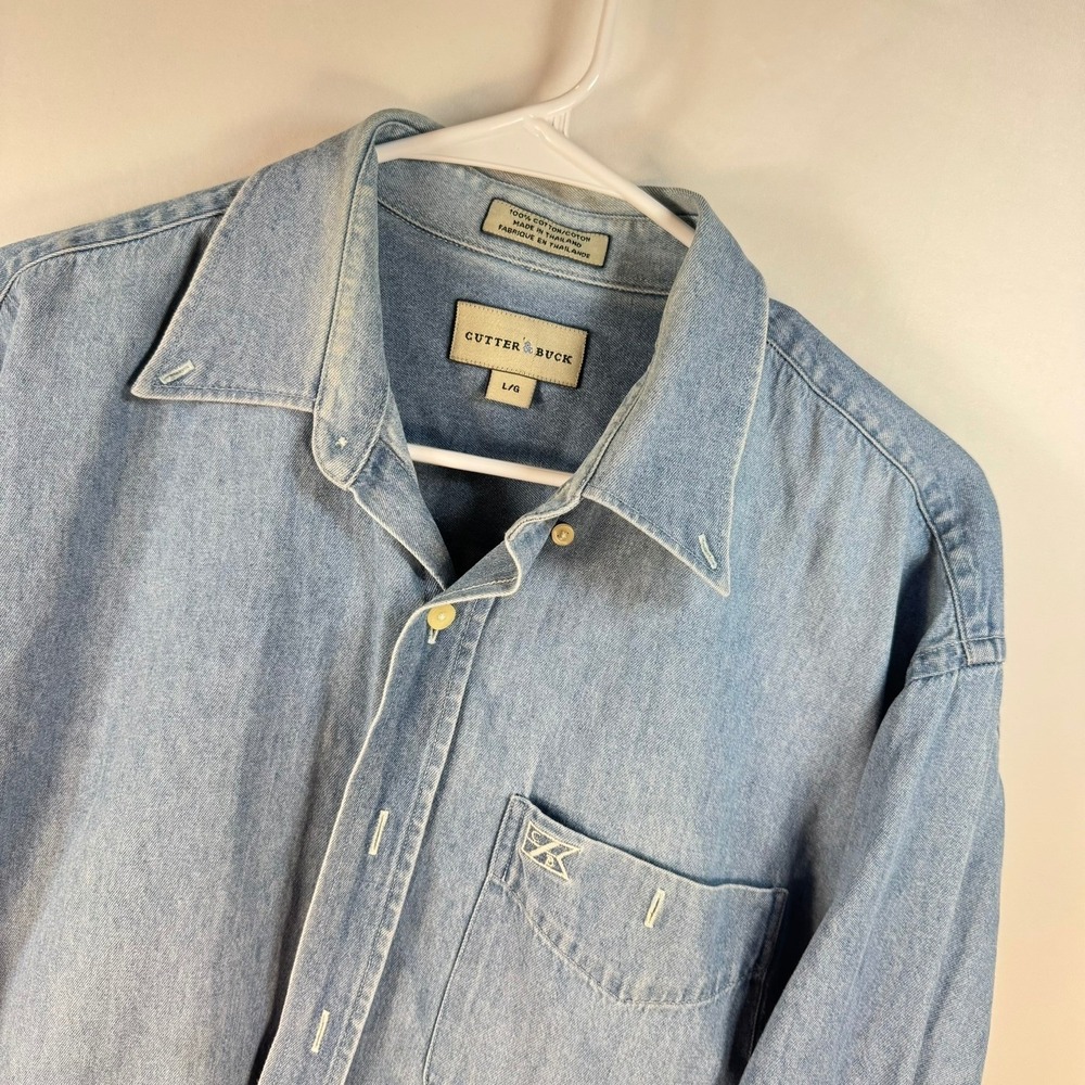 Cutter & Buck Mens Large Light Wash Denim Cotton Button Down Long Sleeve Shirt
